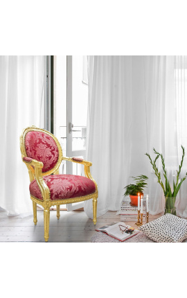 Baroque armchair of Louis XVI style with burgundy fabric and &quot;Gobelins&quot; pattern and gilded wood