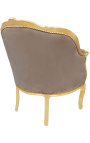 Bergere armchair Louis XV style taupe velvet and gold wood