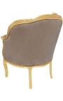 Bergere fauteuil Lodewijk XV-stijl taupe fluweel en goud hout