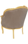 Bergere armchair Louis XV style taupe velvet and gold wood