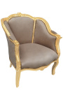 Bergere atzveltnes krēsls Louis XV stilā taupe samta un zelta koka