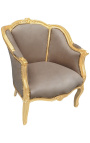 Grande bergère de style Louis XV tissu taupe et bois doré