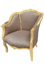 Bergere-Sessel im Louis-XV-Stil aus taupefarbenem Samt und goldenem Holz