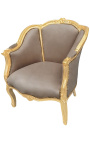 Bergere armchair Louis XV style taupe velvet and gold wood