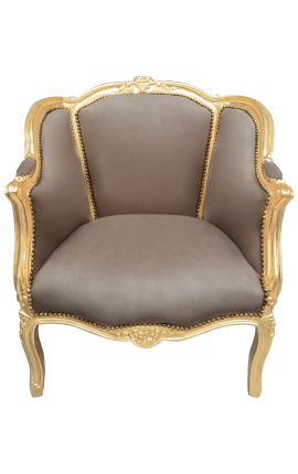 Bergere armchair Louis XV style taupe velvet and gold wood