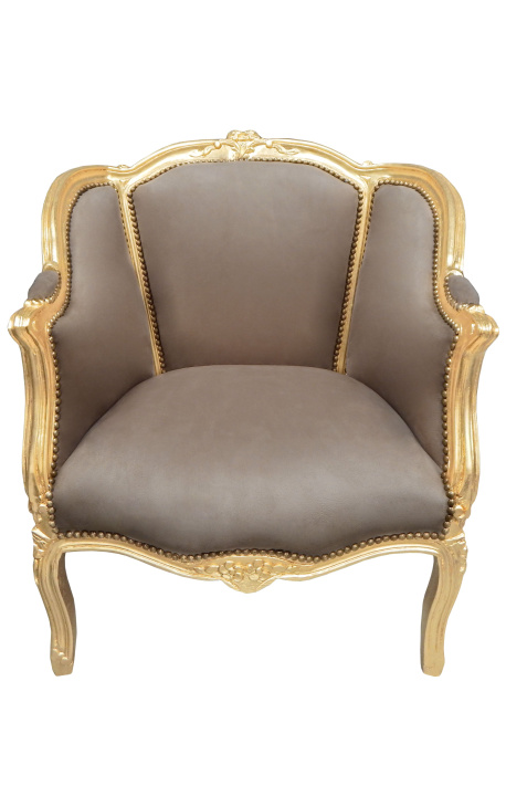 Bergere fauteuil Lodewijk XV-stijl taupe fluweel en goud hout