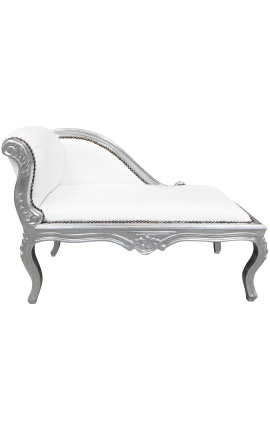 Chaise longue Luis XV estilo simili cuero blanco y madera plata
