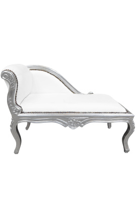 Louis XV Chaiselongue aus weißem Kunstleder und silbernem Holz