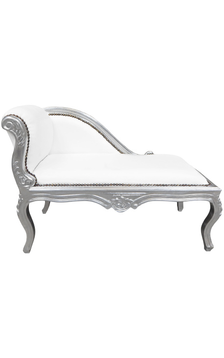 Louis XV chaise longue white leatherette and silver wood