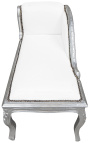 Louis XV chaise longue white leatherette and silver wood