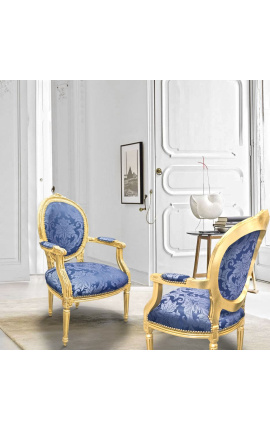 Fauteuil Louis XVI de style baroque tissu satiné bleu aux motifs &quot;Gobelins&quot; et bois doré