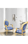 Baroque armchair of Louis XVI style with blue fabric and "Gobelins" pattern and gilded wood