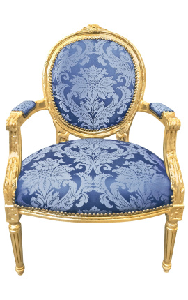 Barokke fauteuil van Louis XVI stijl met blauwe stof en "Gobbels" patroon en verguld hout