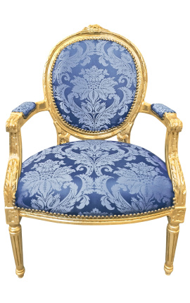 Poltrona barroca estilo Luís XVI com tecido de cetim azul "Gobels" e madeira dourada
