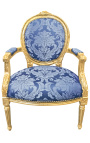 Baroque armchair of Louis XVI style with blue fabric and "Gobelins" pattern and gilded wood