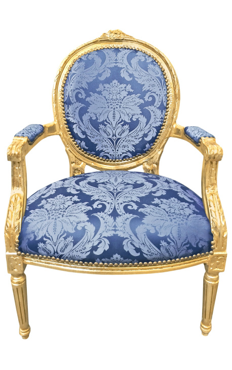 Barock Sessel Louis XVI Stil mit blauem Stoff und "Rebellen" muster und vergoldetes holz