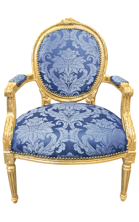 Baroka krēsls Ludvika XVI stilā ar zilu audumu un "Gabaliņi" modelēts un aizguldīts kokmateriāls