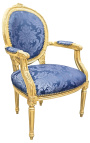 Baroka krēsls Ludvika XVI stilā ar zilu audumu un "Gabaliņi" modelēts un aizguldīts kokmateriāls