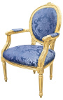 Poltrona barroca Luís XVI em tecido acetinado azul com motivos "Gobelins" e madeira dourada