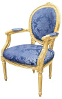 Sillón barroco de estilo Luis XVI con tela azul y patrón de Gobelins y madera dorada