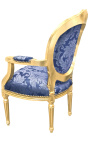 Baroko Louis XVI stiliaus kėdė su mėlynu audiniu ir "Gobelinai" paveikslinė ir auksinė mediena