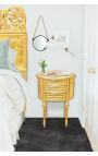 Tavolino notturno (chevet) tamburo ovale in legno dorato con 3 cassetti e marmo beige
