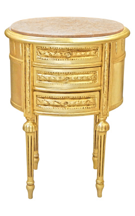 Comodino tamburo ovale in legno dorato con 3 cassetti e marmo beige