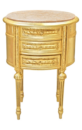 Yöpöytä rumpu soikea kultainen puu 3 laatikkoa ja beige marmori