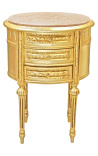 Nightstand (Bedside) drum oval gold wood with 3 drawers and beige marble