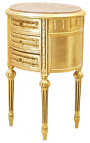 Naktsskapītis (gultas malā) bungas ovālas zelta koka 3 atvilktnes un bēša marmora