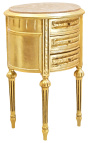Table de nuit (chevet) tambour ovale en bois doré avec 3 tiroirs et marbre beige