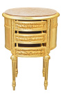 Tavolino notturno (chevet) tamburo ovale in legno dorato con 3 cassetti e marmo beige