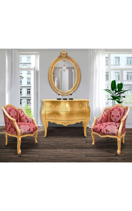 Bergere krēsls Ludvika XV stilā sarkans &quot;Gabaliņi&quot; satīna audums un zelta koka