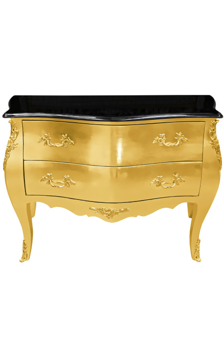 Commode baroque de style Louis XV dorée et plateau noir avec 2 tiroirs