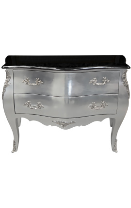 Louis XV style chest of drawers with silver leaf and black top