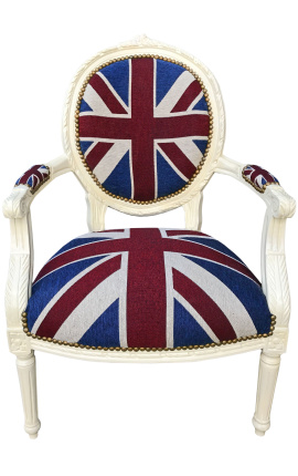 Fauteuil Louis XVI de style baroque tissu "Union Jack" et bois beige