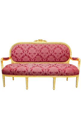 Sofá estilo Luís XVI com padrão de cetim vermelho "Gobels" e madeira dourada