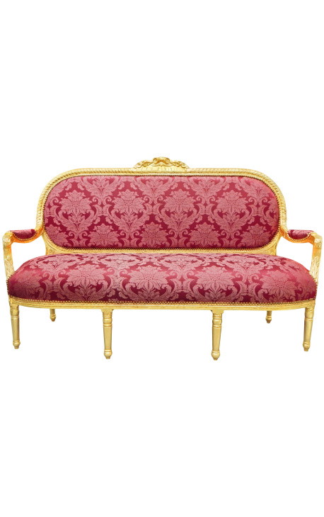 Canapé de style Louis XVI satiné rouge aux motifs "Gobelins" et bois doré