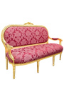 Sofá de cetim vermelho estilo Luís XVI com motivos "Gobelins" e madeira dourada