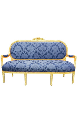 Sofá estilo Luís XVI com padrão de cetim azul "Gobels" e madeira dourada