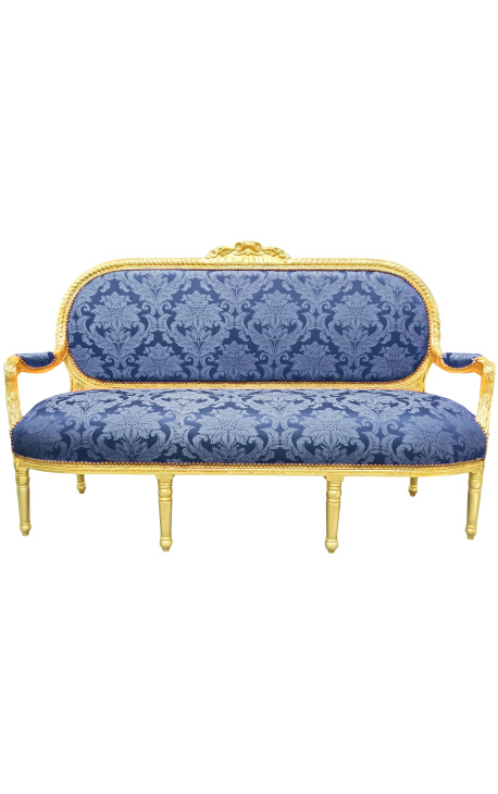 Canapé de style Louis XVI satiné bleu aux motifs "Gobelins" et bois doré