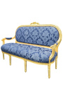 Canapé de style Louis XVI satiné bleu aux motifs "Gobelins" et bois doré