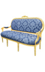 Sofá estilo Louis XVI em cetim azul com motivos "Gobelins" e madeira dourada