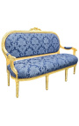 Sofá estilo Louis XVI em cetim azul com motivos "Gobelins" e madeira dourada