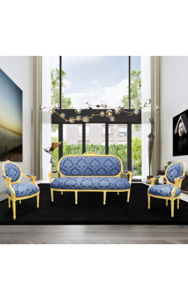Divano in stile Luigi XVI in raso blu con motivi &quot;Gobelins&quot; e legno dorato