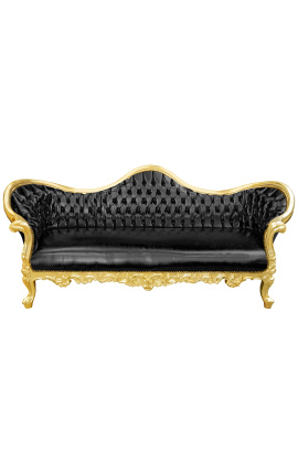 Barockes Napoleon III-Sofa aus schwarzem Kunstleder und goldenem Holz