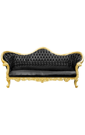Canapea baroc Napoleon III din piele neagră și lemn auriu