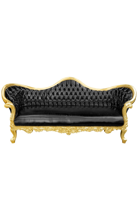 Barokinė Napoleon III sofa juoda dirbtinė oda ir aukso mediena