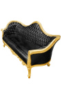 Baroque Napoleon III sofa black false skin leather and gold wood