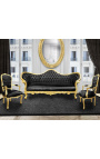 Barokinė Napoleon III sofa juoda dirbtinė oda ir aukso mediena